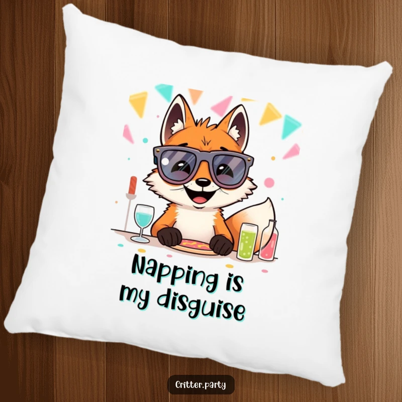 Soft, decorative funny fox pillow featuring a grinning fox in oversized novelty glasses at a party table, adding whimsical charm.