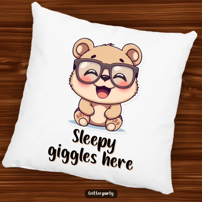 Funny bear cub with oversized novelty glasses, laughing heartily, on a soft, decorative pillow, an adorable funny gift.
