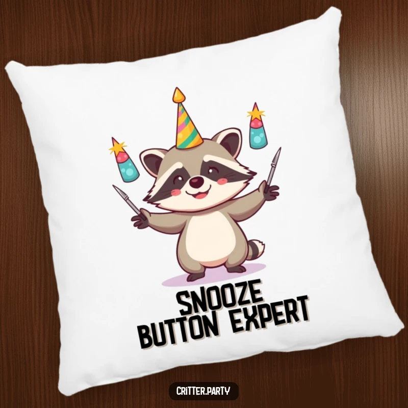 Funny pillow featuring a happy raccoon juggling bright party horns, adding a touch of whimsical celebration to comfort.