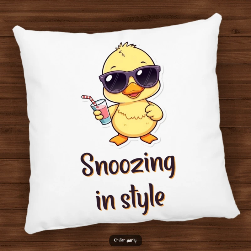 Funny Kawaii duckling character wearing sunglasses and holding a tiny drink, making this plush pillow incredibly cool and funny.