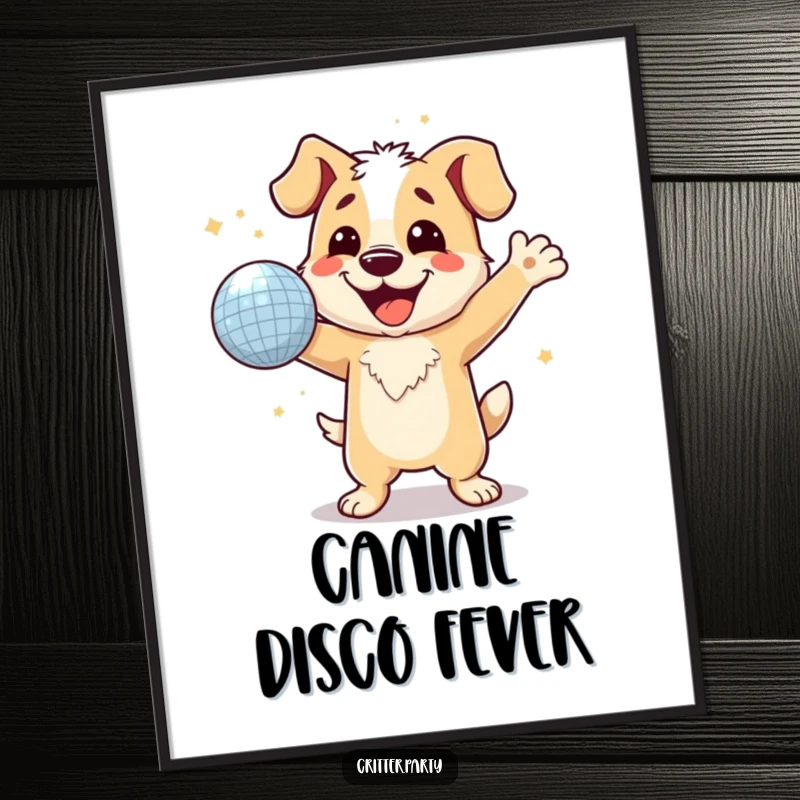 Funny dog with a wide grin, dancing with a sparkling disco ball, digital art for humorous wall decor.