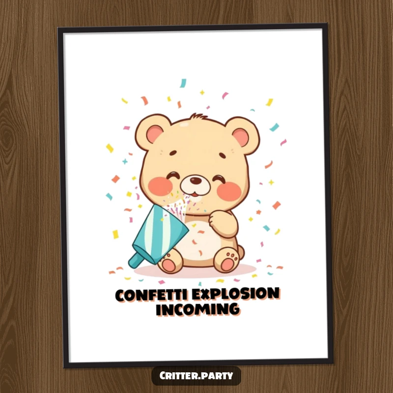 Funny bear cub digital art print blowing oversized confetti from a party popper, perfect for vibrant and cheerful printable wall art, great for a funny gift.