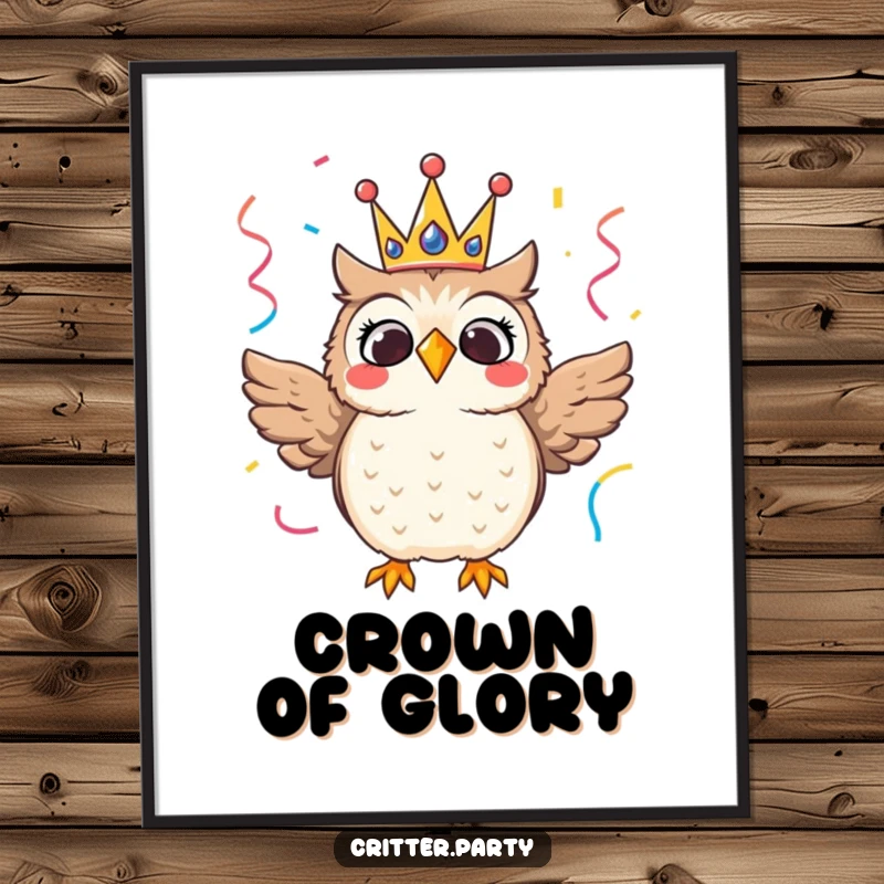 Thrilled owl wearing a festive crown with streamers, digital art for humorous and regal decor.