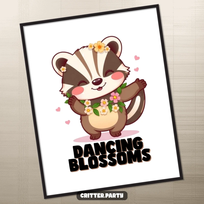 Funny digital art print of a happy badger wearing a flower garland and dancing, celebrating nature and joyful movement.