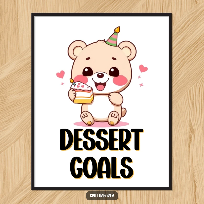 Funny bear cake digital art print showing a perky bear character gleefully holding a slice of festive cake, for instant joy.