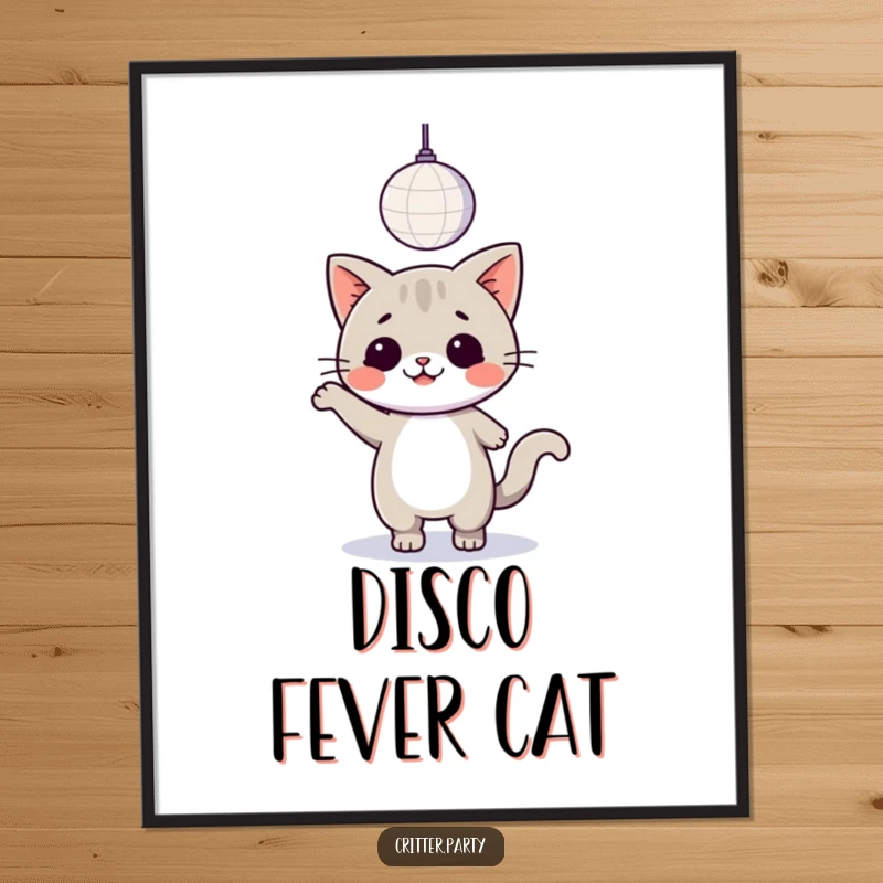 Funny kawaii cat happily dancing under a sparkling disco ball, a downloadable art print for lovers of disco and dance.