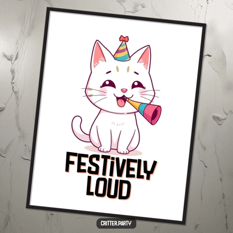 Funny digital art print showing a cheerful cat wearing a party hat and enthusiastically blowing a tiny party horn.