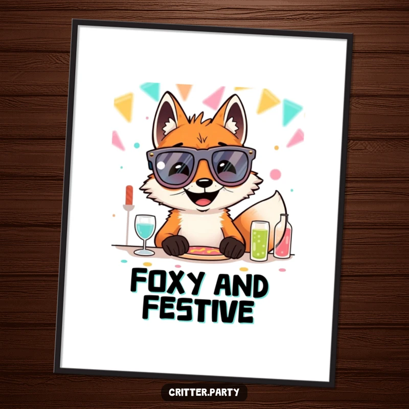 High-resolution digital art print of a funny grinning fox wearing oversized novelty glasses at a party table, perfect for decor.