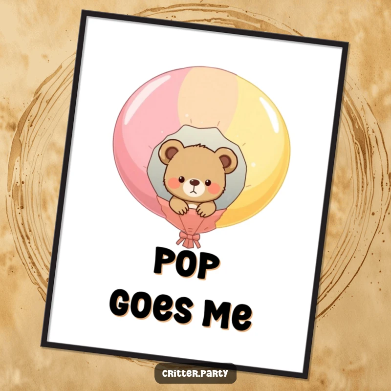 Funny digital artwork of a curious bear cub peeking out of a giant popped balloon, vibrant and humorous illustration for printing.
