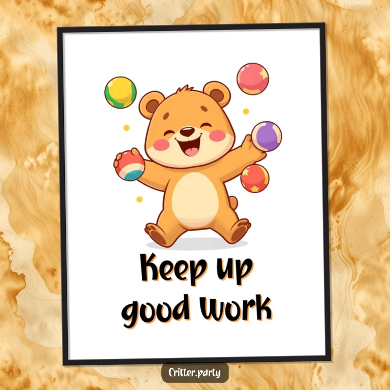 Funny digital art print of an excited bear cub happily juggling bright, colorful balls with a wide, joyful smile.