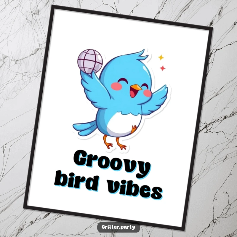 Funny blue bird digital art print holding a tiny disco ball, dancing with joy, perfect for vibrant and celebratory printable wall art, great for a gift.