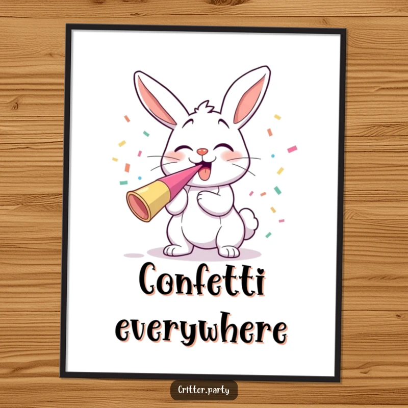 Funny giggling bunny blowing a party horn with confetti flying, digital art print for humorous decor.