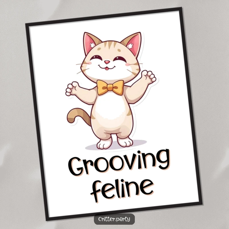 Funny digital art print of a happy cat wearing a bow tie, striking a dynamic dance pose with infectious joy.