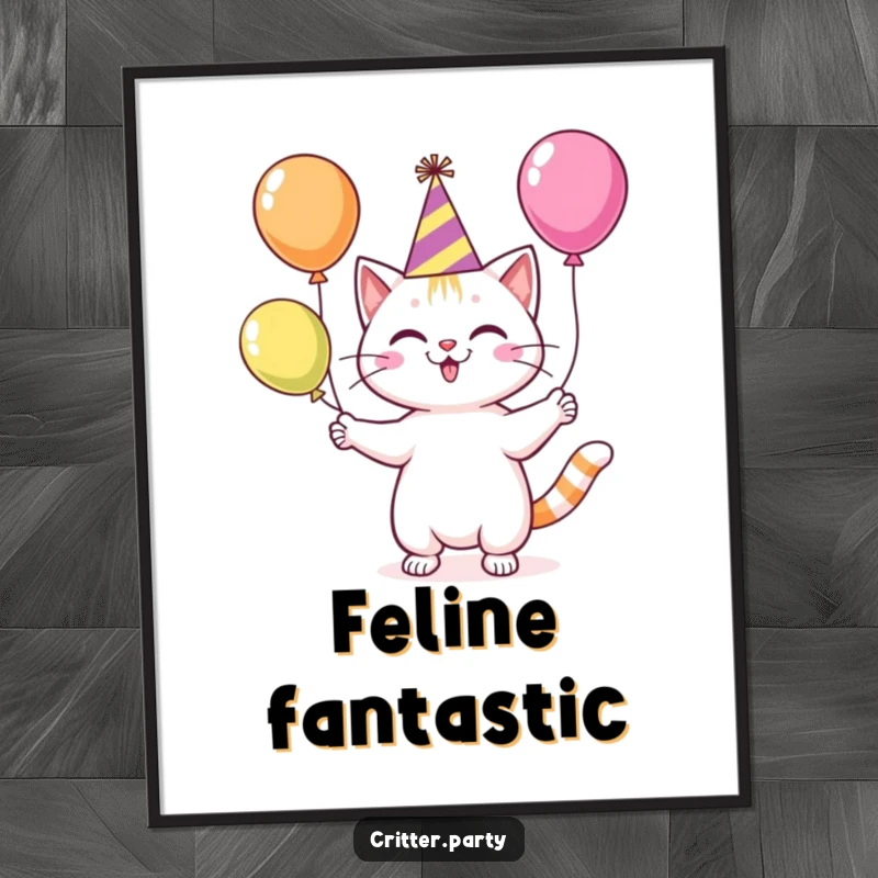 Funny cat in a party hat, juggling colorful balloons, digital art print for instant, humorous wall decoration.