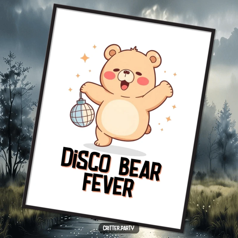 High-resolution digital art print of a funny chubby bear dancing ecstatically with a small disco ball, ready to print and frame.
