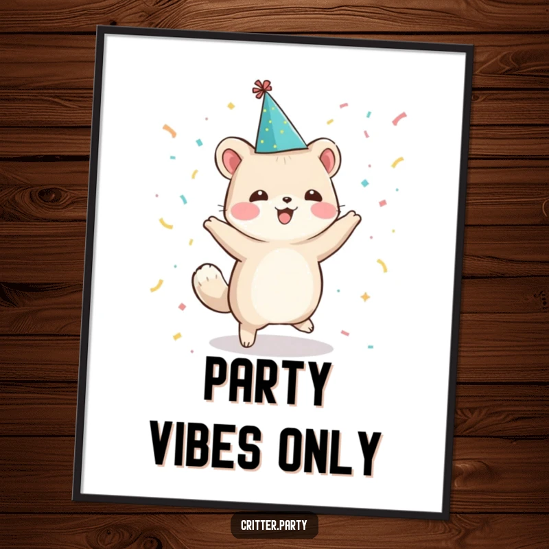 Funny digital art print of a small, overjoyed animal character in a party hat, dancing energetically with confetti, ready to celebrate.