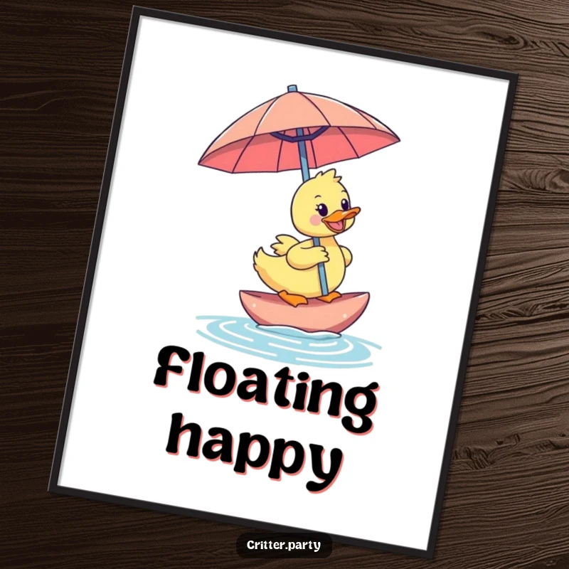 Funny duckling digital art print of a happy duckling riding an oversized cocktail umbrella, instantly downloadable for tropical decor.