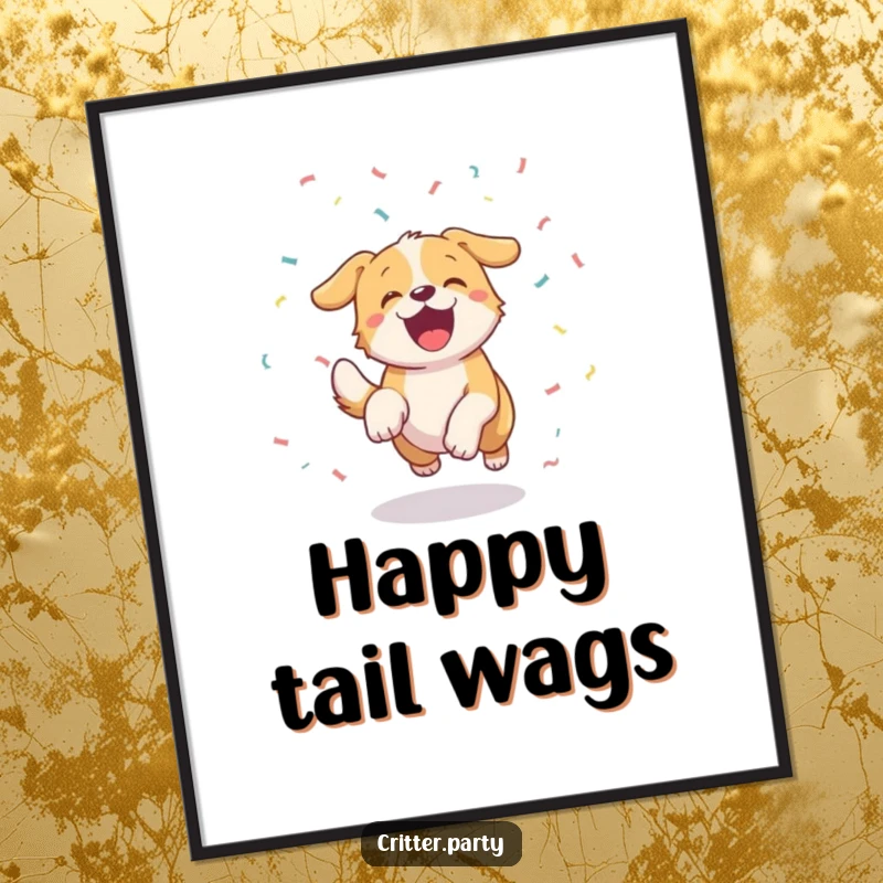 High-resolution digital art print of a funny excited dog chasing confetti with a wagging tail, perfect for festive decor.