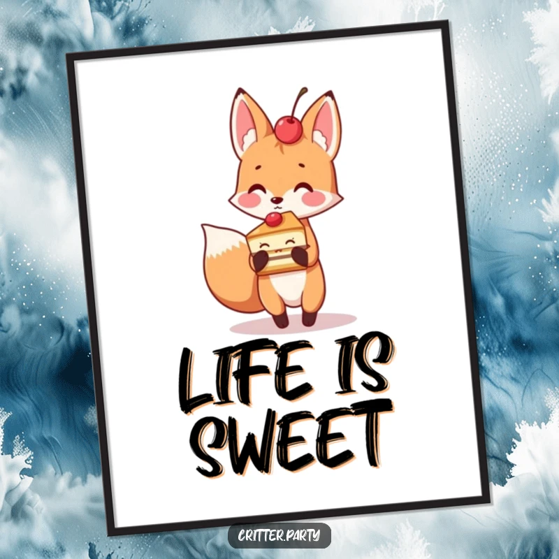 Playful fox holding a slice of cake with a cherry on top, digital art for humorous and sweet decor.
