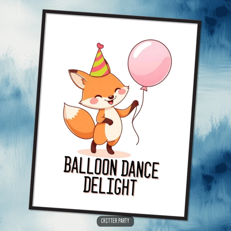 Funny digital art print: A happy fox wearing a party hat, energetically dancing with a huge balloon, a humorous decoration.