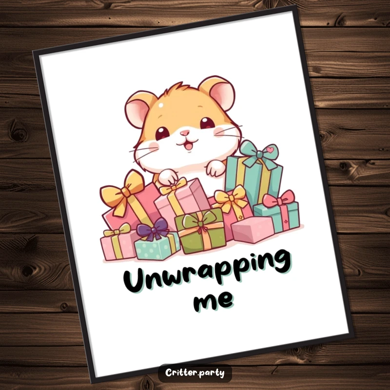 Funny digital art print of a playful hamster peeking from behind a pile of gifts, cute and humorous illustration for printing.