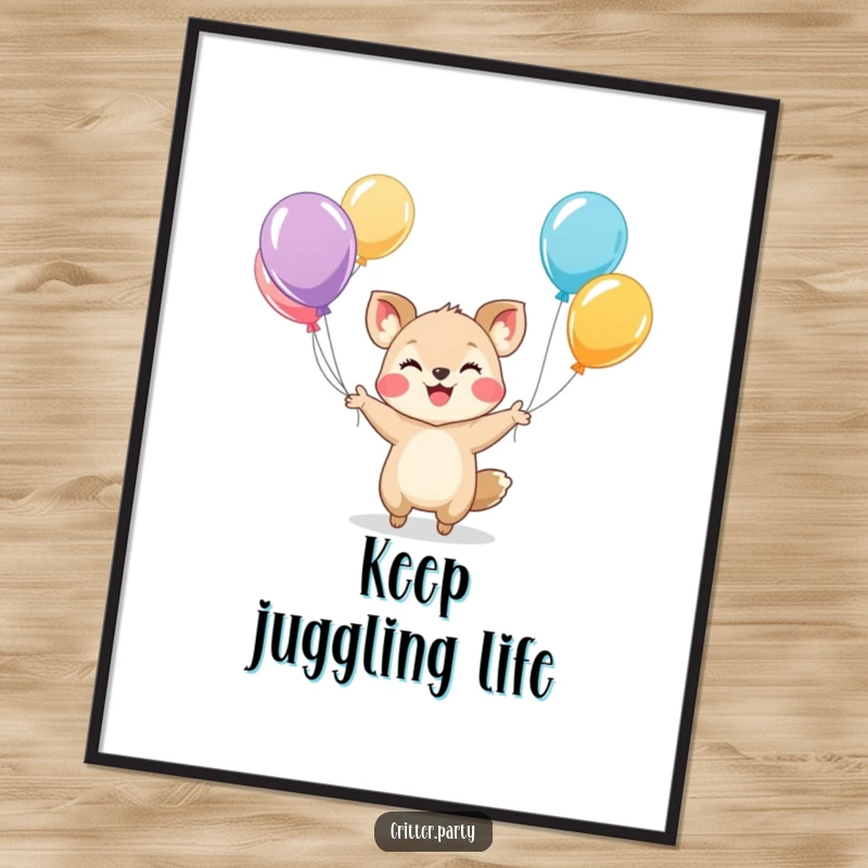 Funny digital art print of a tiny, smiling animal character expertly juggling colorful balloons, radiating pure, infectious playfulness.