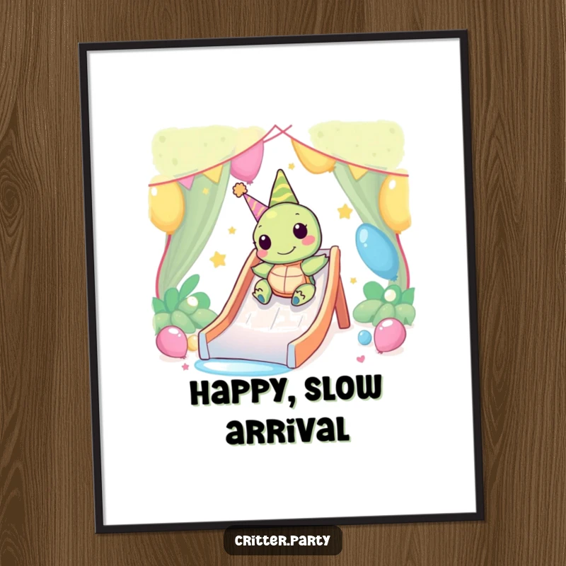 Funny Kawaii turtle character slowly and happily sliding down a party slide, presented as a serene and funny digital art print.