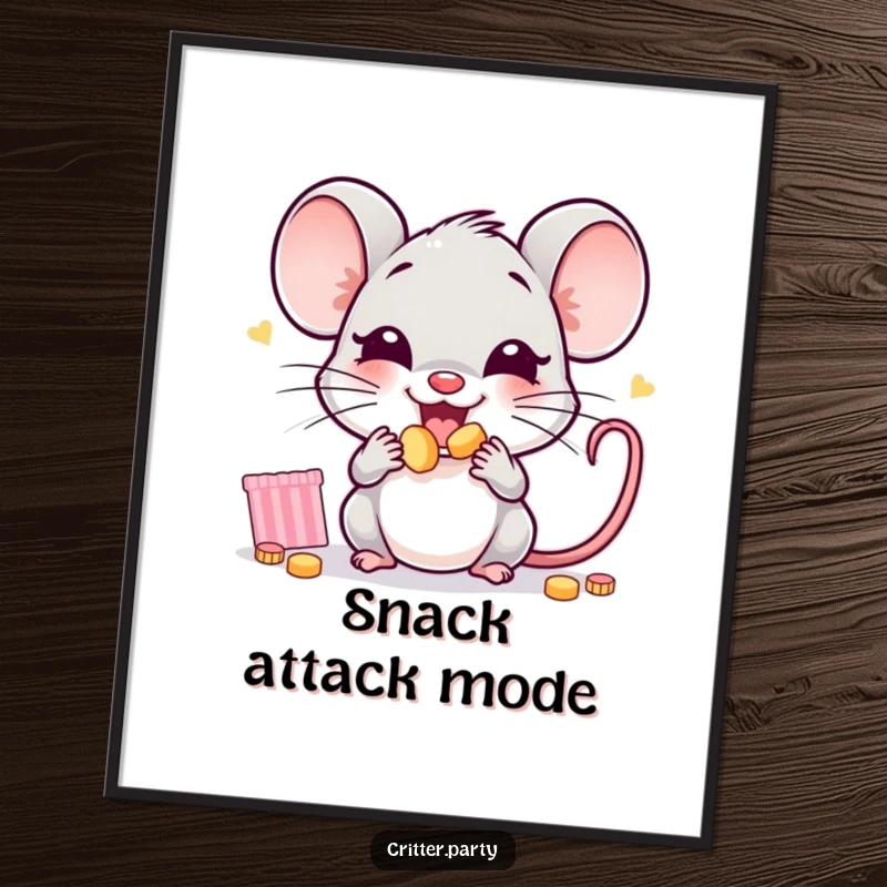 Funny mouse digital art print of a joyful little mouse character stuffing its cheeks with tiny party snacks, ready for download.