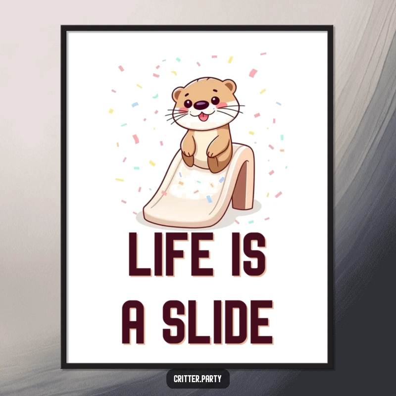 Funny digital art print of a playful otter sliding down a sparkling confetti slide, ideal for instant download and adding cheerful decor.