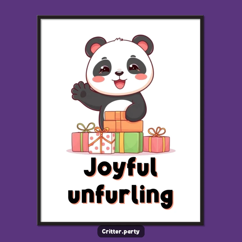 Funny Panda Digital Art: Joyful Panda Waving from Presents, Instant Download Decor