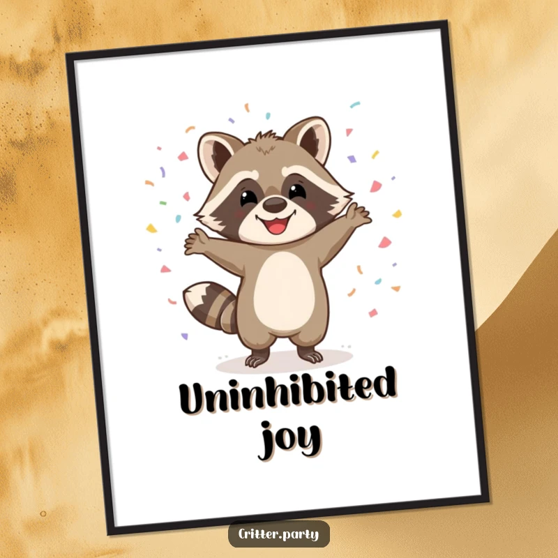 Funny digital art print of a happy raccoon character dancing wildly with confetti falling, celebrating energy and fun with humor.