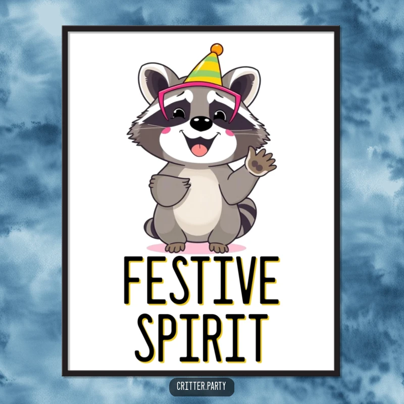 Funny raccoon digital art print of a happy character wearing a colourful party mask, enthusiastically clapping its paws.