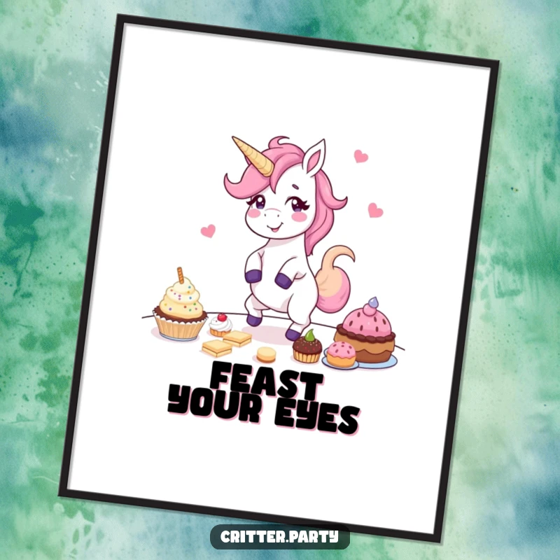 Funny digital art print of a giggling unicorn dancing wildly around a table overflowing with sweet treats, capturing pure celebration.