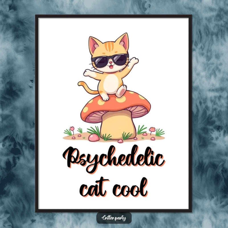 Funny digital art print for download, showing a winking cat with sunglasses dancing on a giant, colorful mushroom.