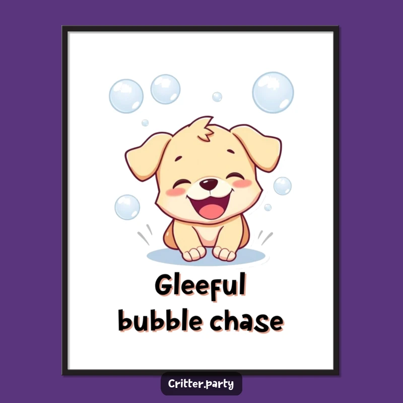 Funny Puppy Digital Art: Playful Pup Chasing Bubbles, Instant Joyful Decor