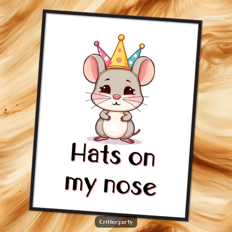Funny Digital Art: A small, determined mouse character balances a stack of tiny party hats on its nose, symbolizing focus and fun.