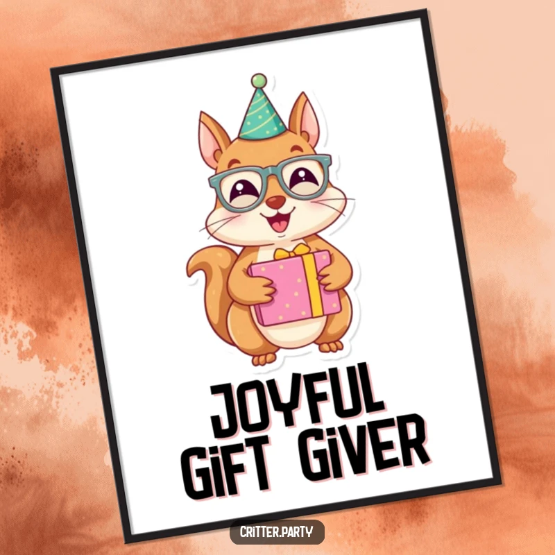 Funny digital art print of a joyous squirrel character wearing party glasses and holding a brightly wrapped present, radiating festive charm.