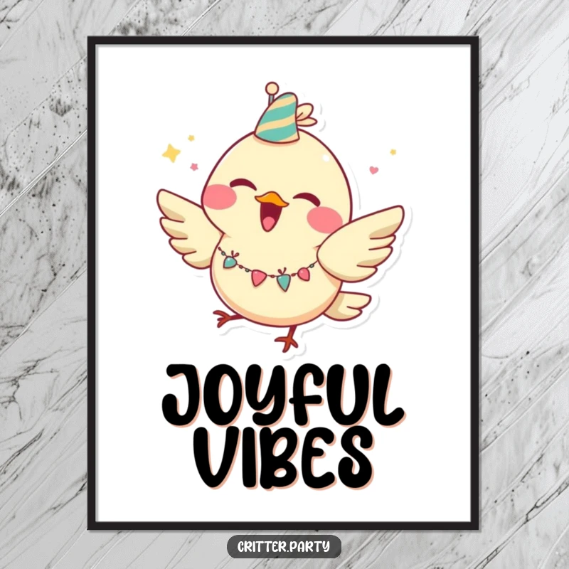 Funny bird digital art print of a joyful character with a huge grin, wearing a party garland and fluttering happily.