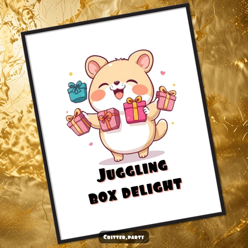 Funny digital art print of a round animal character giggling while juggling brightly colored gift boxes, creating joyful decor.