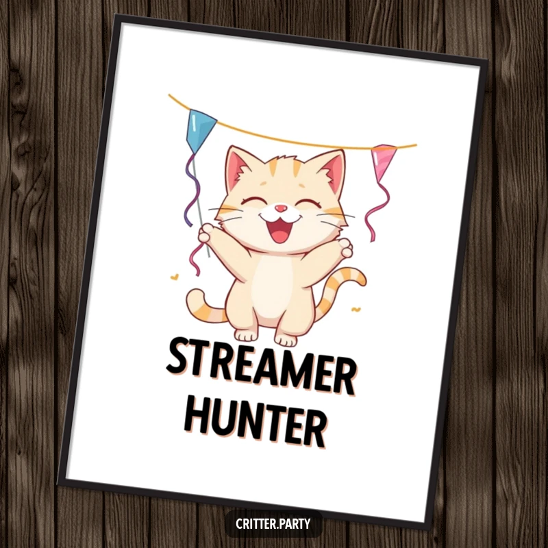 Funny cat digital art print of a smiling cat batting playfully at a dangling party streamer, instantly downloadable for humorous decor.