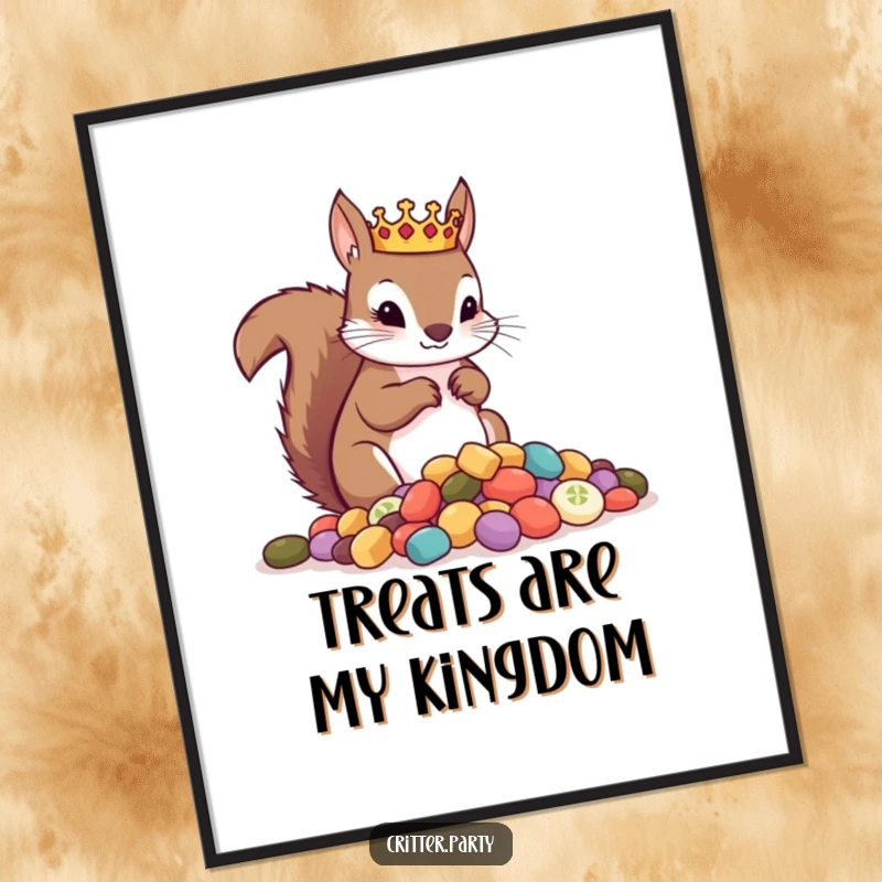 Funny digital art print of a crowned squirrel surveying a pile of treats, ideal for instant download and adding regal decor.
