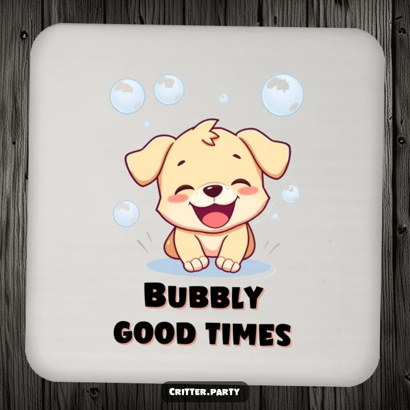 Funny coasters featuring a playful puppy with an open mouth, joyfully chasing bubbles, protecting surfaces with a smile.