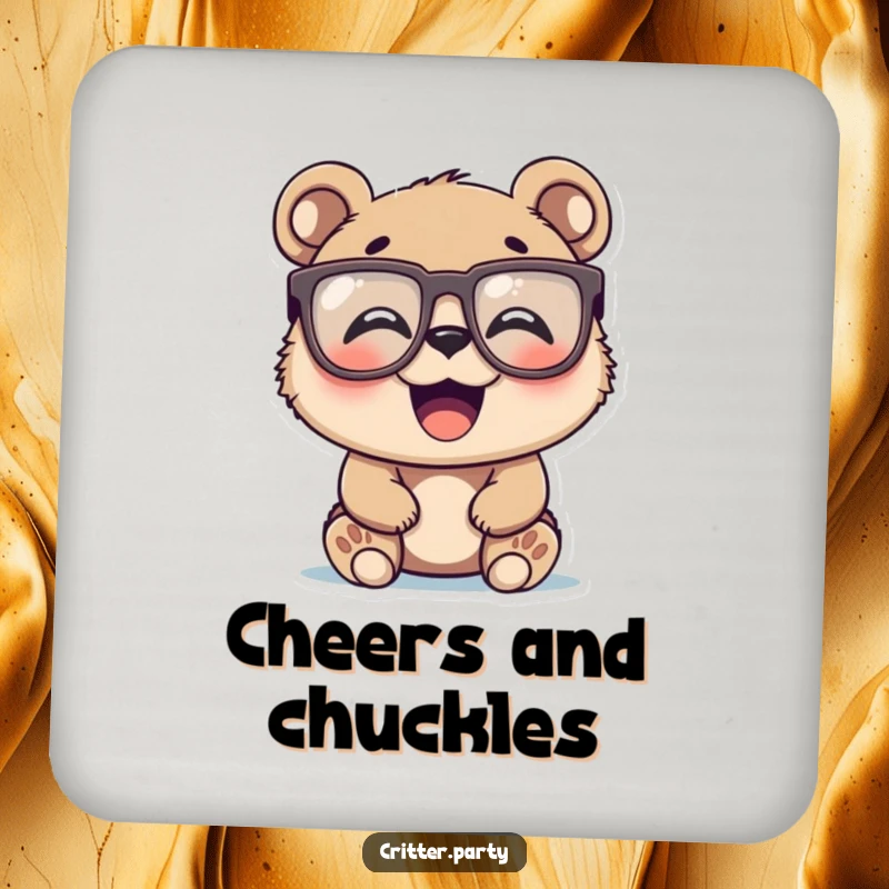 Funny bear cub with oversized novelty glasses, laughing heartily, printed on protective drink coasters, a lovely funny gift.