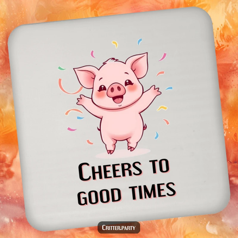 Funny Kawaii piglet character twirling with streamers on this coaster, bringing a humorous and festive touch.