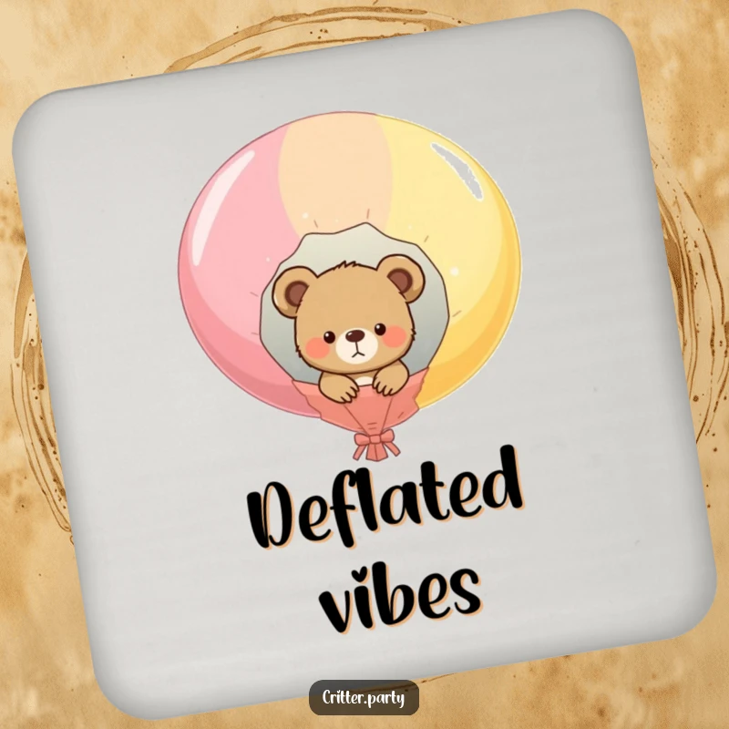 Funny circular drink coaster featuring a curious bear cub peeking from a popped balloon, protecting surfaces with humor.