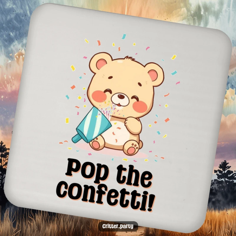 Funny bear cub drink coaster blowing confetti from a party popper, adding a festive and protective touch to any table, ideal for a funny gift.