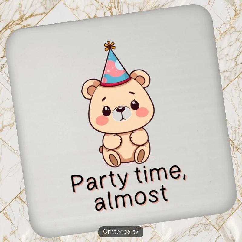 Funny bear coaster with a tiny, crooked party hat, protecting surfaces with a dose of humorous charm and bear-themed decor.