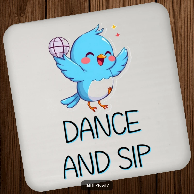 Funny blue bird drink coaster holding a tiny disco ball, dancing with joy, adding a quirky and protective touch, ideal for a gift.