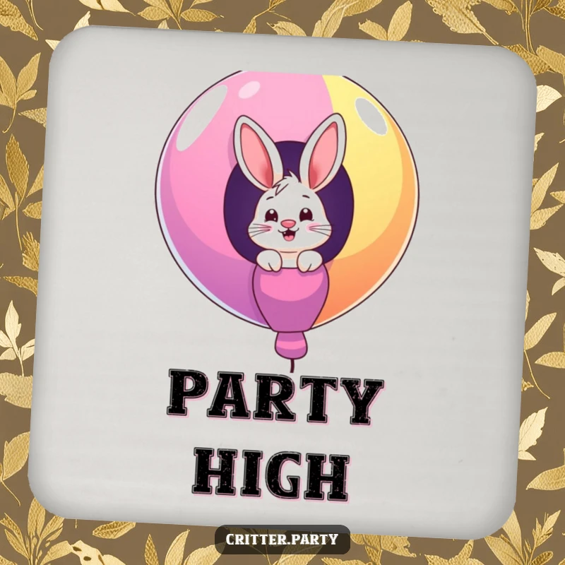 Funny drink coaster with a giggling bunny character peeking out from a giant, colorful balloon, protecting surfaces with a playful flair.