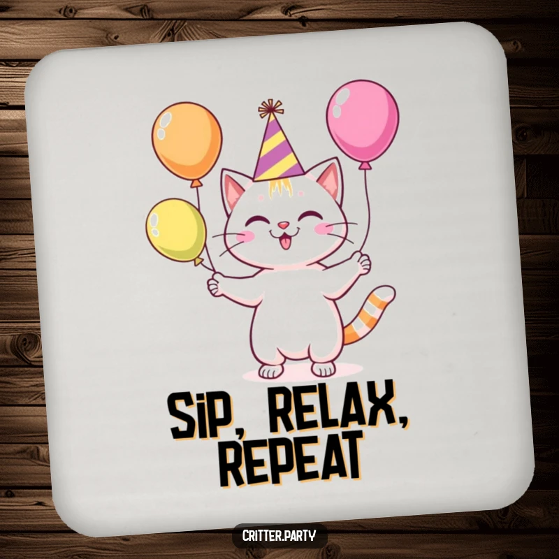 Funny cat juggling balloons on coasters, protecting surfaces with a cheerful and humorous party theme.